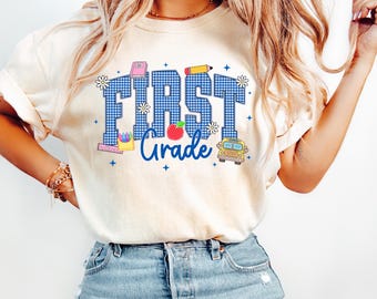 Comfort Colors® First Grade Preppy Teacher Shirt, Blue Gingham Educator Tee, Back To School Tee, First Day Of School, Teacher Appreciation