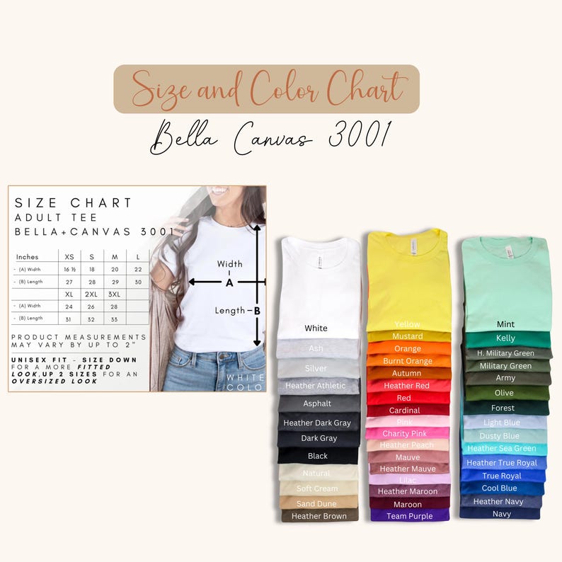Op de afbeelding: Een maat- en kleurentabel voor Bella Canvas 3001 volwassen t-shirts. De tabel bevat een maattabel in inches, kleurstalen en een foto van een persoon die een wit t-shirt draagt. Kleuren zijn onder meer wit, geel, mint en nog veel meer.