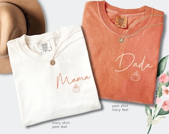 Comfort Colors® Mama Dada Shirts, Minimal Pumpkin Family Tees, Personalized Fall Shirt For Parents, Pregnancy Reveal Gift, Matching Outfit