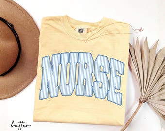 Comfort Colors® Nurse Shirt, Blue Stripe Varsity RN Tee, Nurse Graduation Gift, Registered Nurse Gift, Gift for Nurse, Nursing School Shirt