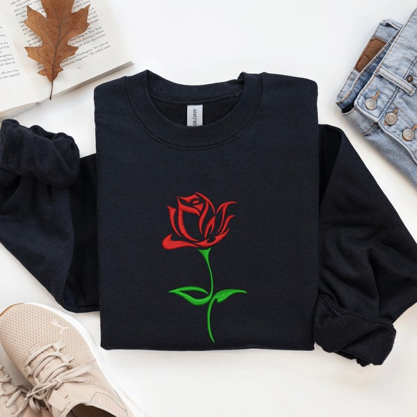 Rose Sweater, Embroidered Sweatshirt, Flower Sweatshirt, Stem Rose Sweatshirt, Rose Gift Sweatshirt, Red Rose Sweatshirt, Bouquet Hoodie