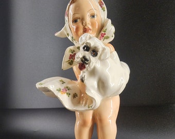 1950s Torino Hand-Painted Ceramic Sculpture | Girl with Dog, Made in Italy