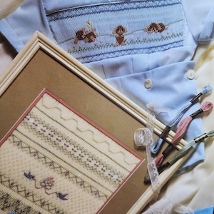 May include: A light blue baby shirt with embroidered puppies and flowers. A framed cross-stitch sampler with a floral and geometric design is next to the shirt. Embroidery floss and lace are also in the image.