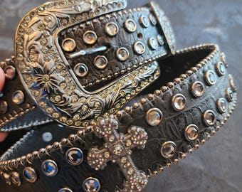 M/L 32" - 35" womens black leather fashion western bling cross symbol rhinestone and crystal black and silver belt, vintage y2k black belt