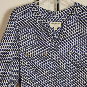 L Norm Thompson long sleeve vintage blouse, dark blue and white with gold metal accents flowy pullover top size large