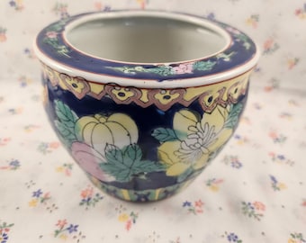 Vintage Chinese 6" koi fishbowl jardiniere pot planter or decor hand painted porcelain, colorful butterflies and fruit Chinoiserie style