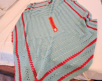 Manta afgana vintage verde, naranja y roja, de 167 x 132 cm, tacto extremadamente suave.
