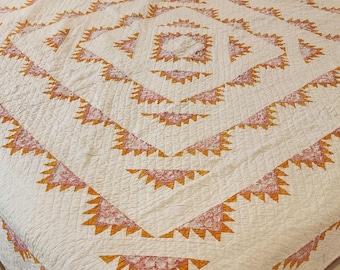 Beautiful Vintage Quilt | 79&quot; L x 75&quot; W | Queen (as pictured) or Full size quilt, White, pink and orange triangles quilt