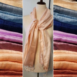 Silk scarfs with fringe, solid colors, 68&quot; x 32&quot; raw Thai silk scarf, elegant unisex handwoven silk, color options blue purple cream copper