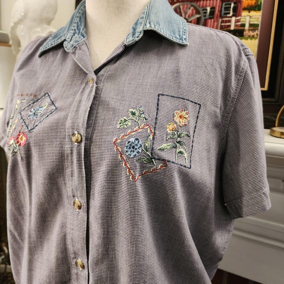 M Gingham Embroidered Button Up Collared Top by B… - image 1