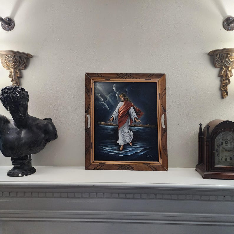 Vintage Jesus Walking on Water Black Velvet Painting (24x20) MCM Wall ...