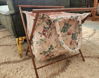 Retro Print Magazine Holder Catchall wood frame and floral print with pink, green, mauve colors, Made in USA