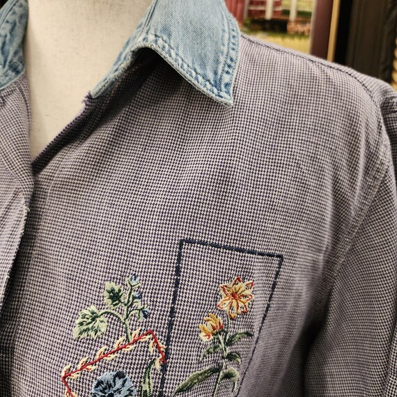 M Gingham Embroidered Button Up Collared Top by B… - image 7