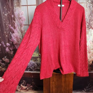 May include: A red long-sleeved sweater with a V-neck. The sleeves have a delicate openwork design, and the neckline features a textured pattern. The sweater is hanging on a black hanger against a floral background.