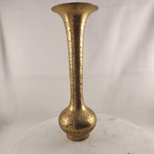 Vintage Solid Brass 12&quot; Tall Etched Vase Floral Design, Made in India