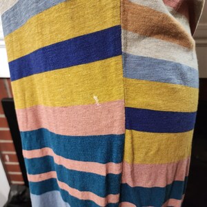 Puede incluir: Primer plano de una tela a rayas colorida. Las rayas alternan entre tonos de azul, amarillo, rosa y gris. La tela parece ser un material de punto suave, posiblemente un vestido o una blusa.