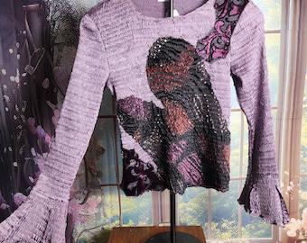 S purple long bell flared sleeve top with silky feeling and abstract velvet and sparkles, y2k Alberto Makali blouse