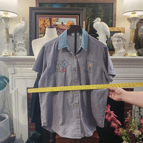 M Gingham Embroidered Button Up Collared Top by B… - image 11