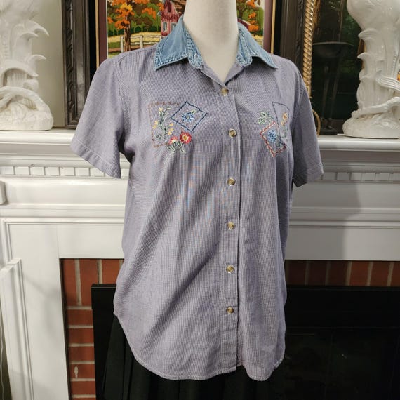 M Gingham Embroidered Button Up Collared Top by B… - image 4