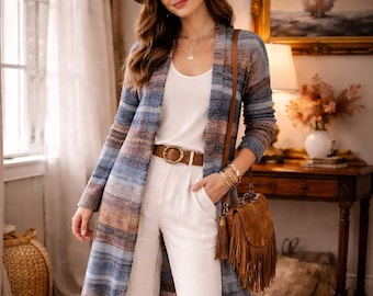 L Blue and Brown Striped Long Midi Open Front Cardigan by J. Jill
