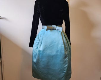 1950s S/M women&#39;s formal dress black velvet long sleeve top and sky blue pleated sating full skirt with tulle underneath, matching bow belt