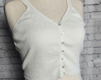 L off white layerable basic cotton blend button up cropped tank, 90s Ellemenno top, super stylish, vintage trendy top, ribbed sweater feel