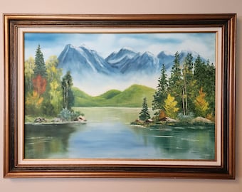 Large Misty Mountain Range and Lake Original Acrylic Painting Signed by Dee Bustamonte 1982 in a Wood Frame (42" x 30" Framed)