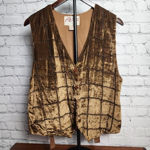 L vintage all brown velvety with vertical and horizontal beaded lines, Asapo collection, vintage 90s button up vest womens large