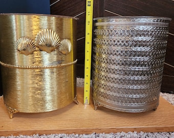 Vintage Hollywood Regency footed waste bin / wastebasket with original plastic liner, choice of gold seashell bin or silver filagree bin