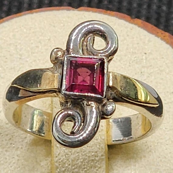Garnet, Sterling Silver & 18K Gold Accents Ring, Size 6, Artisan Handmade Bohemian Style Gemstone Ring