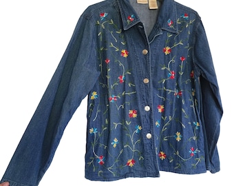 L vintage floral embroidered denim jean shirt jacket, button up, pockets, long sleeve top, size large, 100% cotton, medium wash blue denim