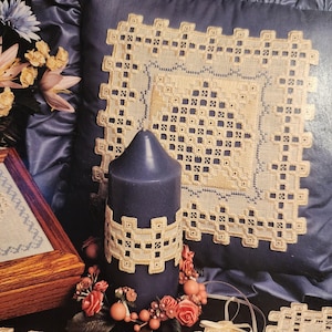 May include: A navy blue candle with a decorative beige lace band sits in front of a square pillow with a matching lace design. The pillow and candle are on a blue satin surface. Pink roses and berries surround the base of the candle.