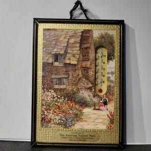 Vintage advertising indoor thermometer - cottage bungalow with wildflowers - The American National Bank FDIC Denver, CO | 5&quot; x 7&quot; framed