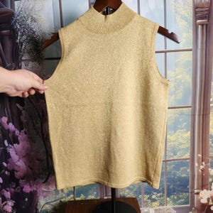 S gold shimmer sleeveless turtleneck knit top by Casual Corner, 2000s vintage pullover metallic top, women&#39;s small
