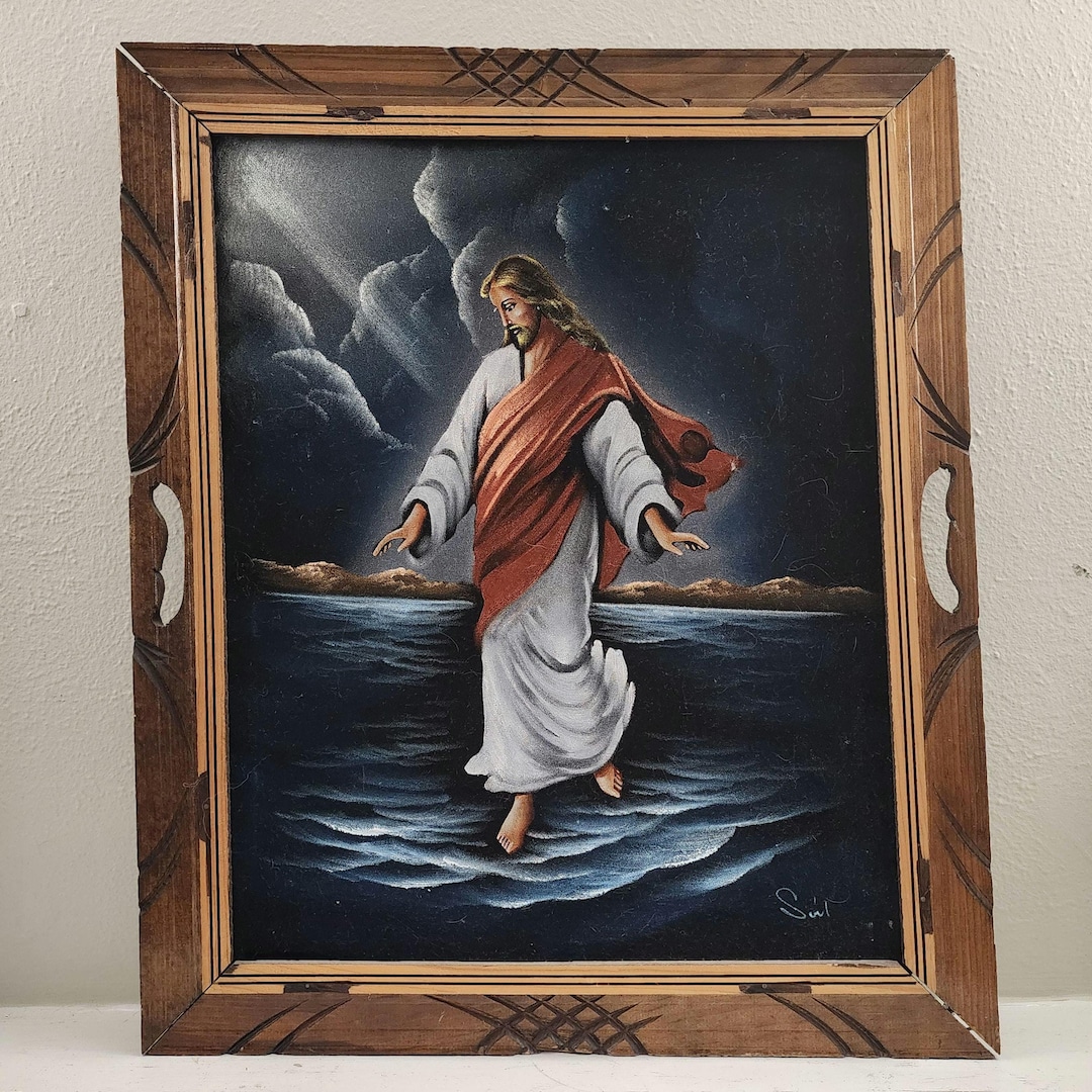 Vintage Jesus Walking on Water Black Velvet Painting (24x20) MCM Wall ...