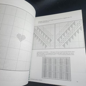 May include: Open book with pages displaying cross-stitch patterns and instructions. The left page shows a heart-shaped design. The right page features diagrams for bordered triangles and horizontal couching techniques. Text includes "BORDERED TRIANGLES" and "HORIZONTAL COUCHING".