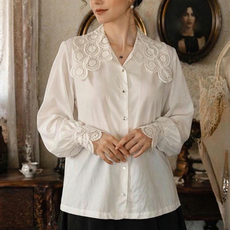 Vintage Edwardian Lace Collar and Cuffs Size XL Lee Mar White Long