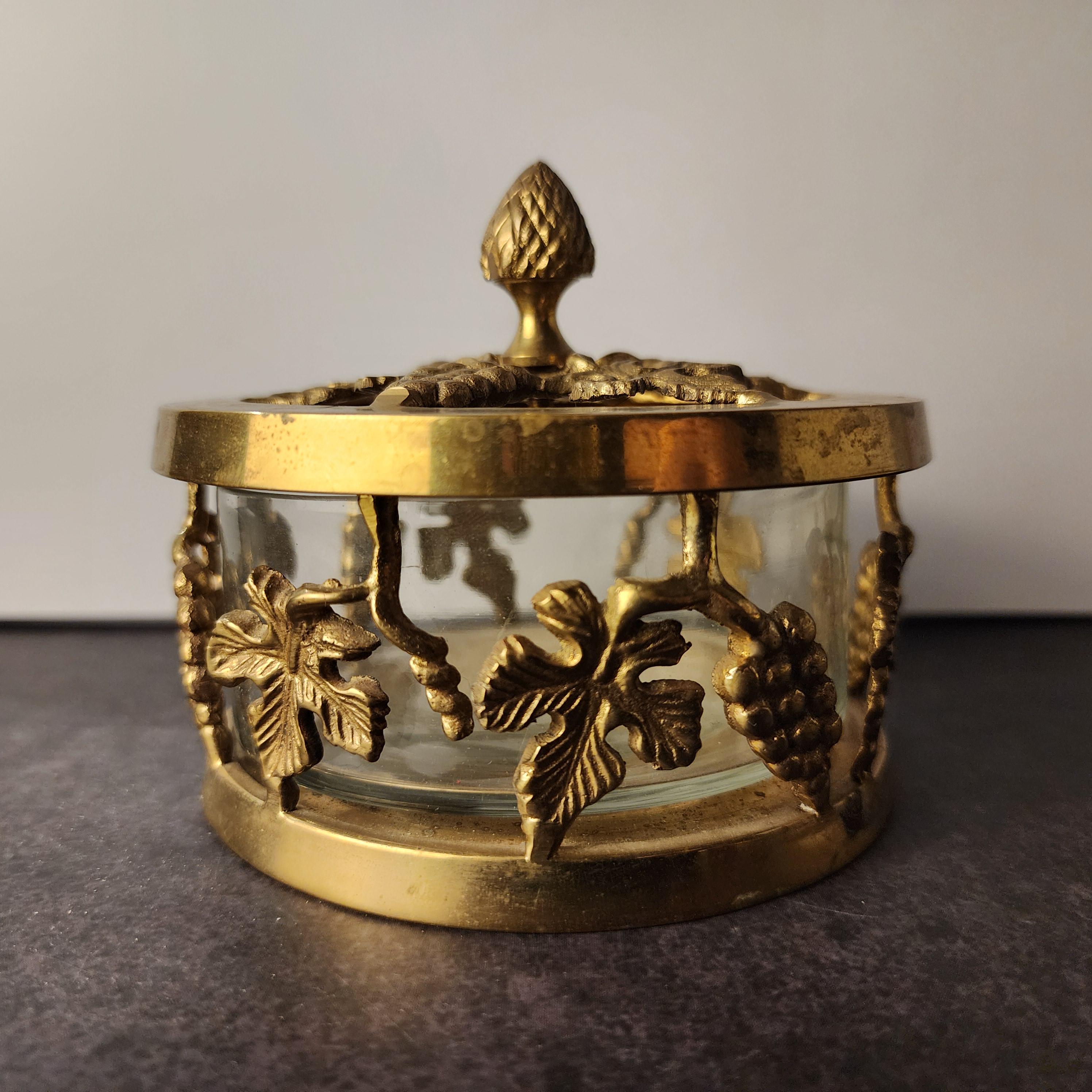 Gold filagree trinket dish vintage glass and metal grape lid dish with gold filagree lid and holder, brass, made in India, storage decor