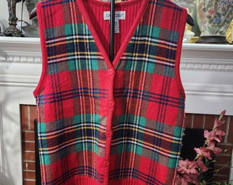 M Vintage 90s Red Green and Blue Plaid Button Up Sweater Vest