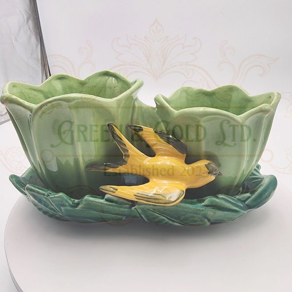 Vintage McCoy - (ITEM D) Dual Tulip Planter with Yellow Swallow Bird - Mid Century Vase - Circa 1949 [vintage gift homegoods handmade unique