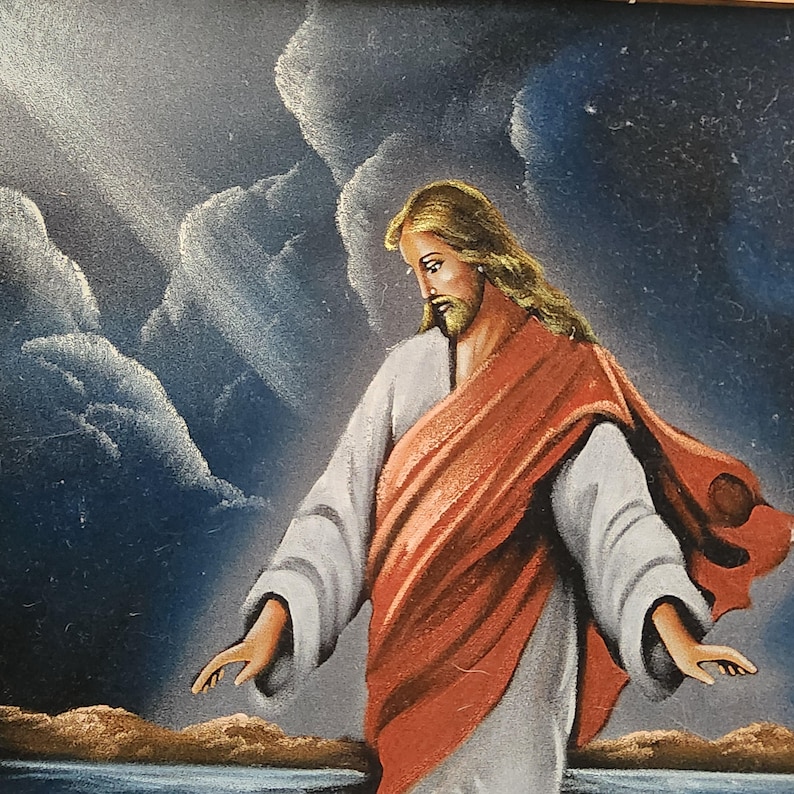 Vintage Jesus Walking on Water Black Velvet Painting (24x20) MCM Wall ...