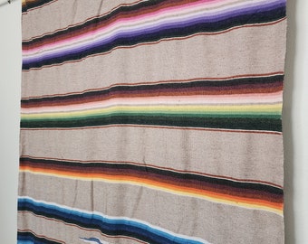Hand Loomed Vintage 1940&#39;s Wool Mexican Saltillo Rainbow Striped Serape Fringe Blanket | Colorful Throw | 88&quot; x 47&quot;
