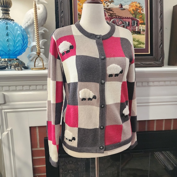 S/M/L Checkered Counting Sheep Cardigan, Red and Gray