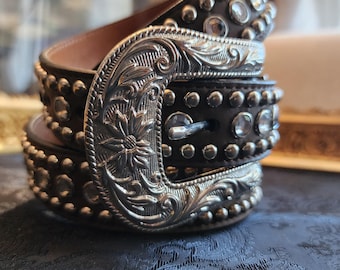B-Low the Belt Y2K Brown Belt with Silver Embellishments Vintage Y2K B-low the Belt With Crystal Buckle Made in USA  main image 3