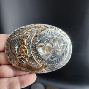 Vintage Belt Buckle Floral Flower Western Scroll and Mother of Pearl Hearts Comstock Heritage | Mother of Pearl Trophy Buckle | Axel main image 4