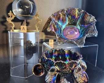 Vintage Carnival Glass Options | Imperial Smoke Crimped Bowl or Electric Amethyst Miniature Punch Set | or Crystal Ball & Brass Dragon Stand