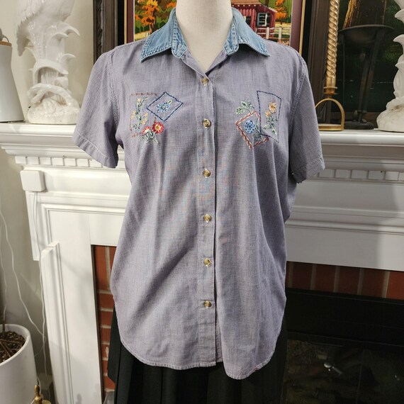 M Gingham Embroidered Button Up Collared Top by B… - image 3