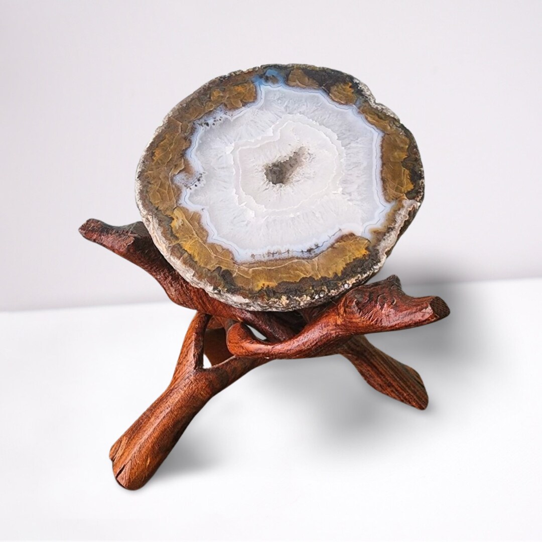 Agate Geode Crystal Rock With Wooden Tripod Geode Specimen - Etsy