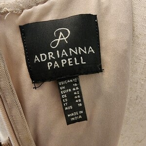 May include: A black clothing label with white text reading Adrianna Papell and a stylized AP logo. Below, a smaller tag lists international sizing including US/CAN 12, UK 16, EU/FR 44, DE 42, ES 46, IT 48, AUS 16, and the text Made in India, attached to beige fabric.