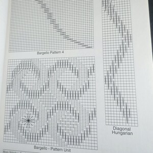May include: A page from a needlepoint pattern book featuring three different Bargello patterns. The patterns are displayed on a grid, with the text "Bargello Pattern 4", "Bargello - Pattern Unit", and "Diagonal Hungarian".